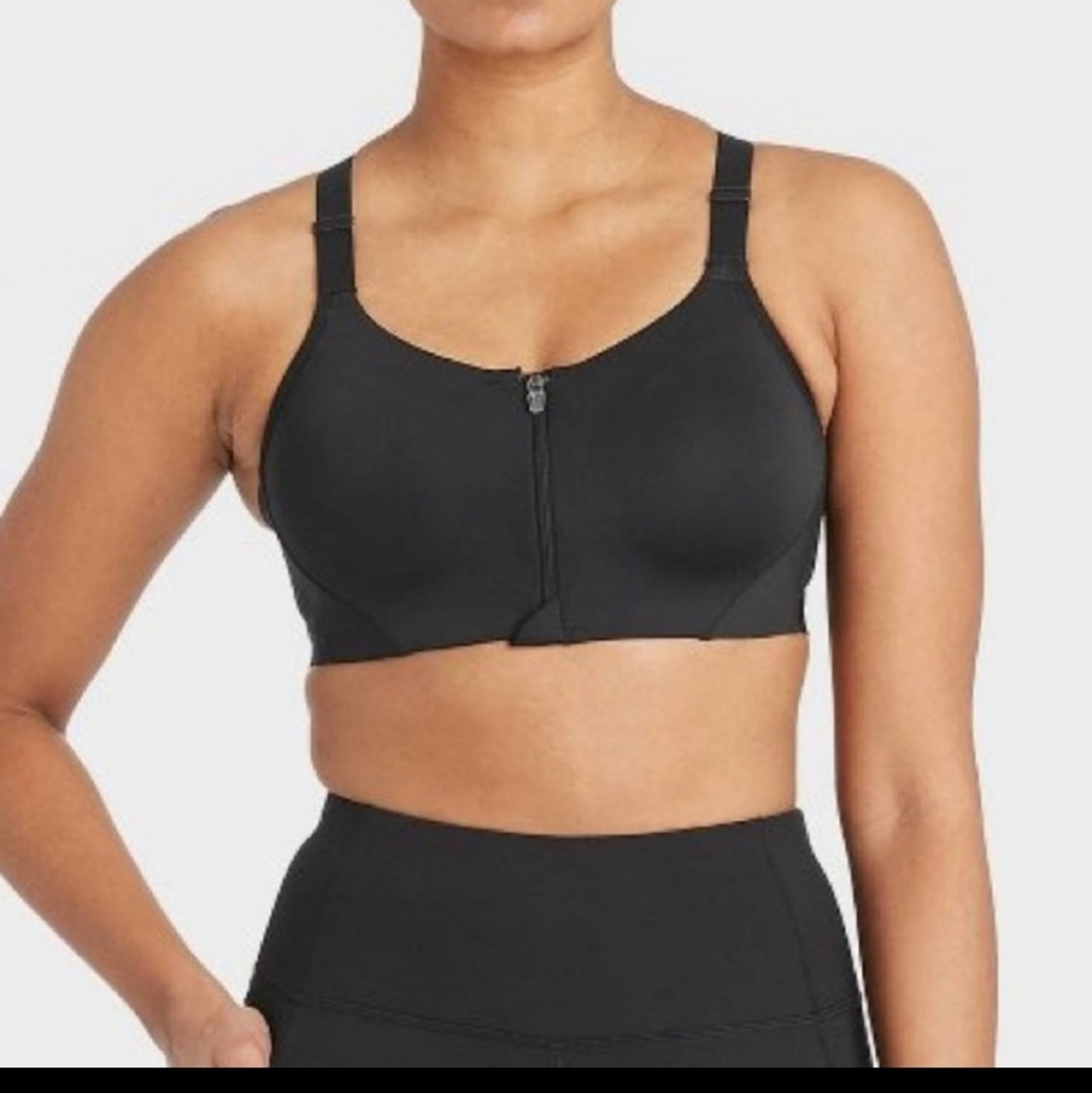 All in Motion black high support mesh back zip front bra